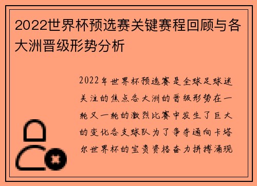 2022世界杯预选赛关键赛程回顾与各大洲晋级形势分析