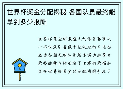 世界杯奖金分配揭秘 各国队员最终能拿到多少报酬