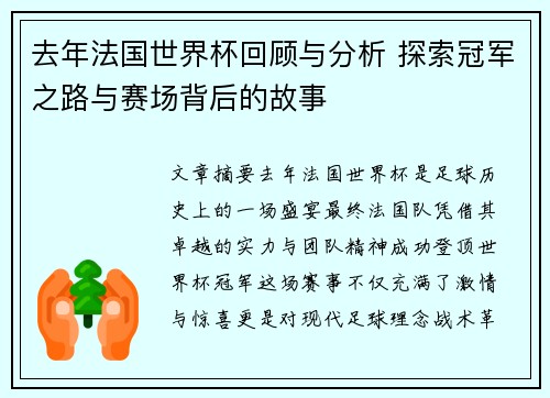 去年法国世界杯回顾与分析 探索冠军之路与赛场背后的故事