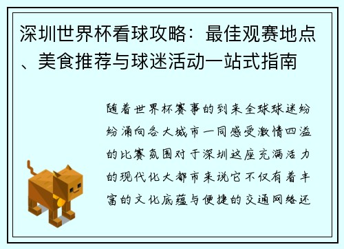 深圳世界杯看球攻略：最佳观赛地点、美食推荐与球迷活动一站式指南